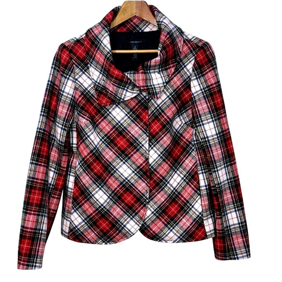 Vtg Y2K Lucky Red Plaid Wool Blend Tartan Jacket Womens M Holiday Shawl Collar - Picture 1 of 11